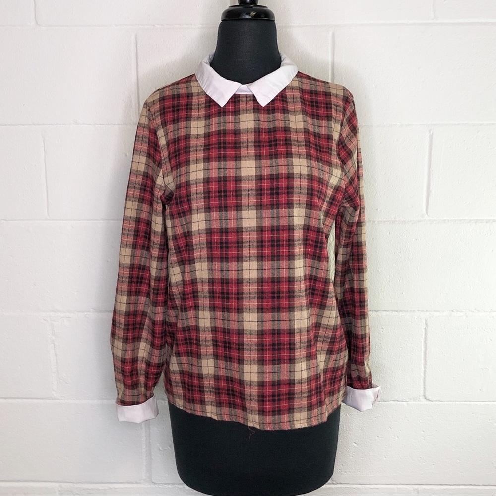 Shein Plaid Academia Flannel Shirt With Peter Pan Collar And Cuffs